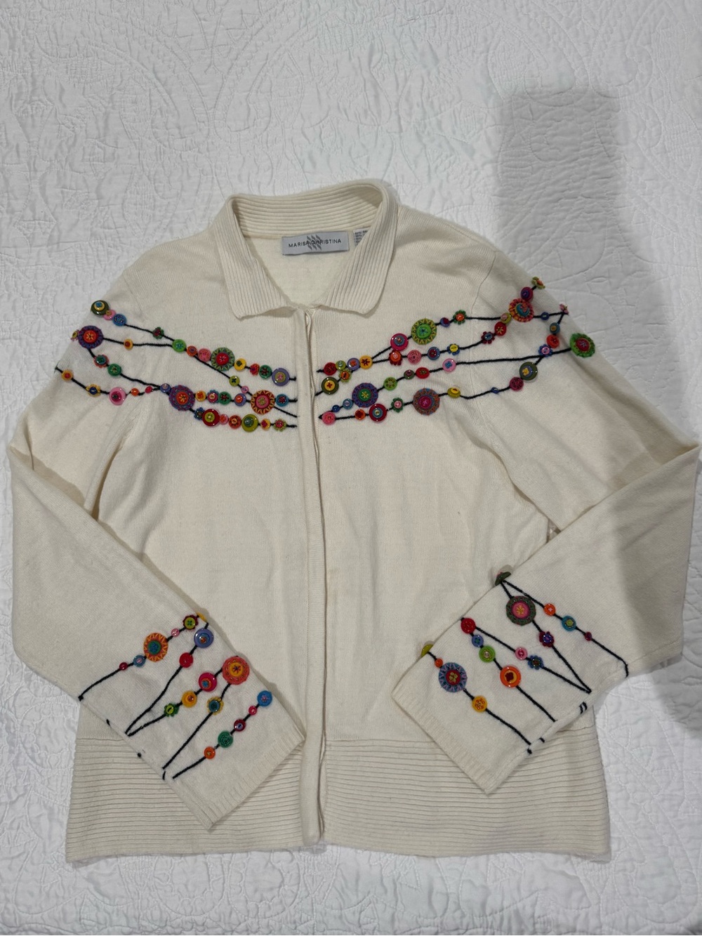 Marisa Christina Cream Zip-Front Cardigan with Multicolor Button Embroidery